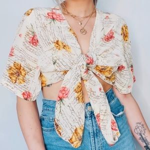 Vintage Floral Tie-Front Blouse - Cream, Red, Yellow